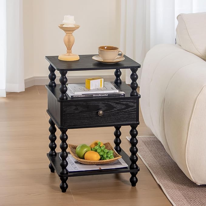AWASEN Black Nightstand, Bed Side Table Bedroom with Drawer, 3-Tier Small Night Stand End Table with Storage for Small Spaces &Solid Wood Spindle Legs, Black