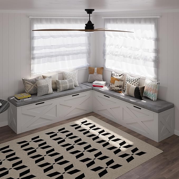 Bobve L-Shape Storage Bench with Cushion, Backless Corner Dining Bench, Kitchen Dining Nook Bench with Hidden Storage for Dining Room, Kitchen, Entryway (White+Grey)