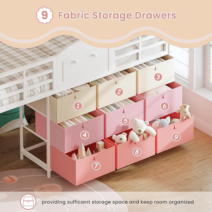 VIAGDO Low Loft Bed Twin Size with 9 Storage Drawers and LED Lights, Metal Twin Loft Bed with Stairway Shelf Storage, Low Loft Bed with Safety Guardrail and Under-Bed Hideaway for Kids, White