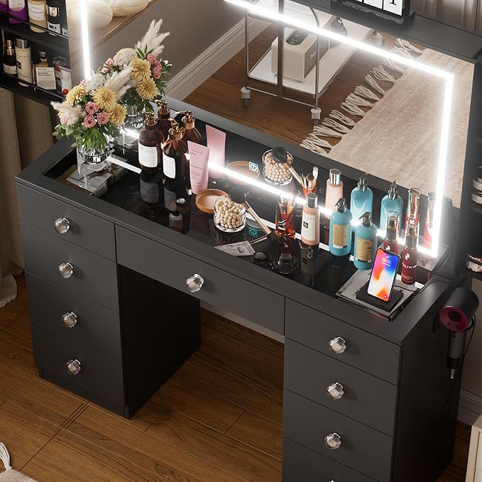 Makeup Vanity Desk with Large Mirror and Lights,Vanity Table with Glass Top,9 Drawers,3 Color Modes,Sliding 2 Wall Mounted Jewelry Storage Racks,Suitable for Bedroom Ladies and Girls (Black)