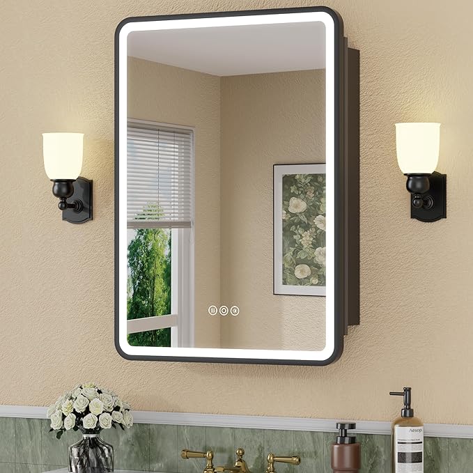 20 x 28 Inch Recessed Medicine Cabinet Mirror with Lights, Wall Mounted LED Bathroom Mirror Cabinet, Dimmable, Anti-Fog, Memory Function, 3 Color Modes, Adjustable Shelf, ETL Certified, Black