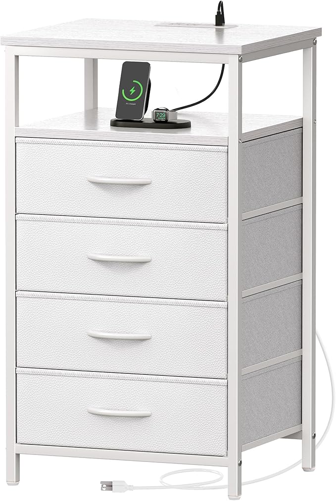 Huuger Night Stand with Charging Station, Multiple Drawer Dresser for Bedroom, Bedside Table, Tall Nightstand with PU Leather Finish, Open Shelf, End Table, for Closet, Entryway, Bedroom, White