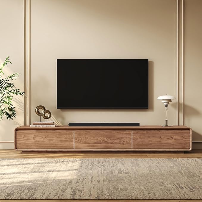 Wood Base TV Stand, Mid-Century Modern Media Console with 3 Storage Drawers, Fits 65–100 Inch TVs, Low Profile Entertainment Center for Living Room(Walnut, 78.74", Floor Standing (Wood Base))