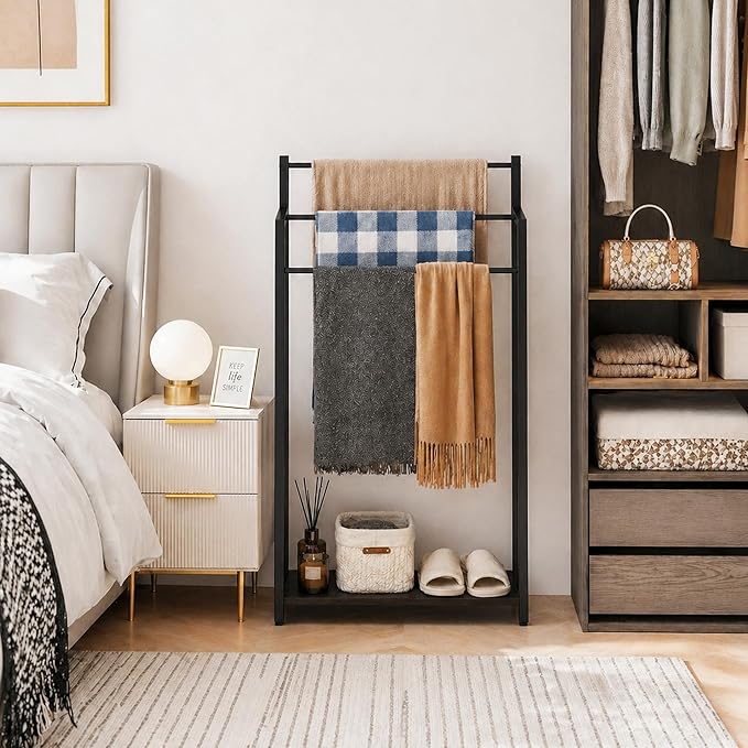 Freestanding Towel Rack, 3 Tier Blanket Ladder Stand with Black Wooden Shelf for Bathroom Living Room (31.5" H x 16.9" W x7.9 D)