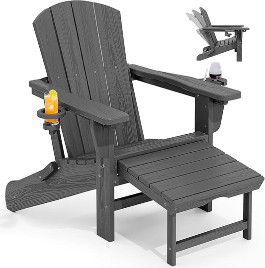 KINGYES Adjustable Folding Adirondack Chairs with Footrest & 2 Cup, HDPE Recliner Adirondack Chair with Ottoman, Grey