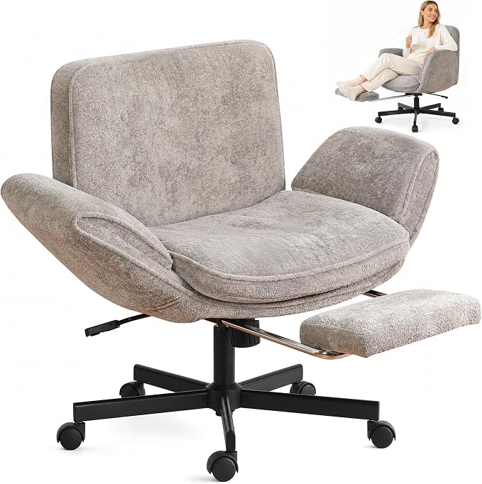 Criss Cross Chair with Footrest & 5 Level Folding Arms Full Relaxation, Wide Cross Legged Office Chair for Home Office, Comfy Swivel Desk Chair with Ottoman, Chenille Vanity Chair (Grey)