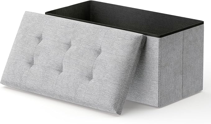 MoNiBloom 30 Inch Storage Ottoman Bench, Rectangle End of Bed Bench, Storage Padded Seat, Linen Fabric Ottoman Footrest for Living Room, Bedroom, Entryway, Light Gray