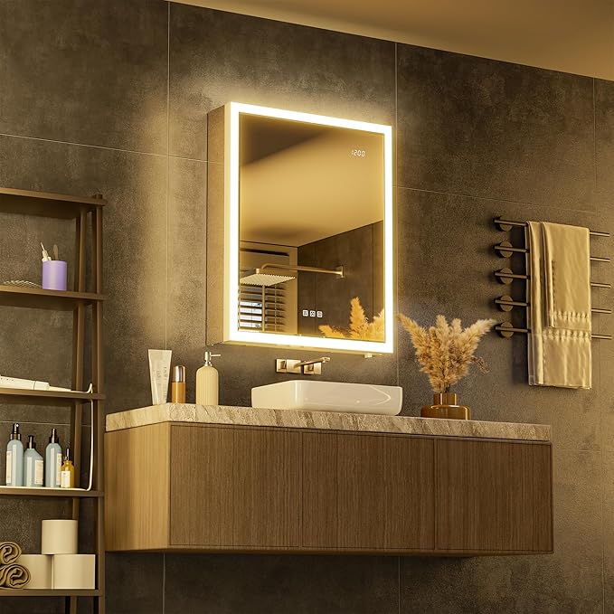Lighted Medicine Cabinet with Mirror & Clock -24x30 Surface or Recessed Assembly-Free Medicine Cabinet with Dimmable Light Anti-Fog, Built-in Sensing Light & Outlet, Soft-Close Right Hinge