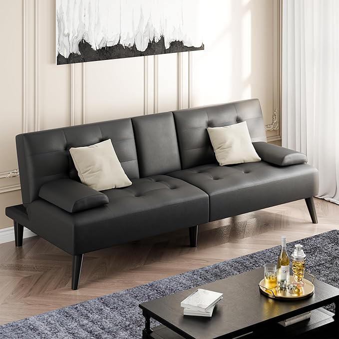 Shintenchi Futon Sofa Bed, Leather Foldable Futon Couch, Reclining Sleeper with Removable Armrests, Upholstered Loveseat Sofa Couch with Folding Cup Holders for Home, Office(Black)