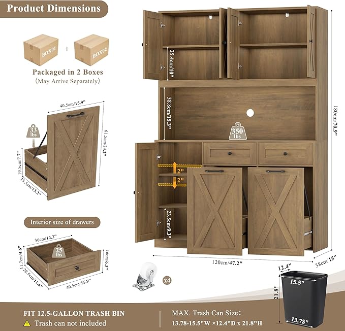 HOSTACK 71" H Kitchen Trash Can Hutch Cabinet, 12.5 Gallon Double Pull Out Garbage Can Hutch Cabinet with Trash Bin Storage Holders, 47" Wide Kitchen Pantry with Hidden Garbage Storage, Rustic Brown
