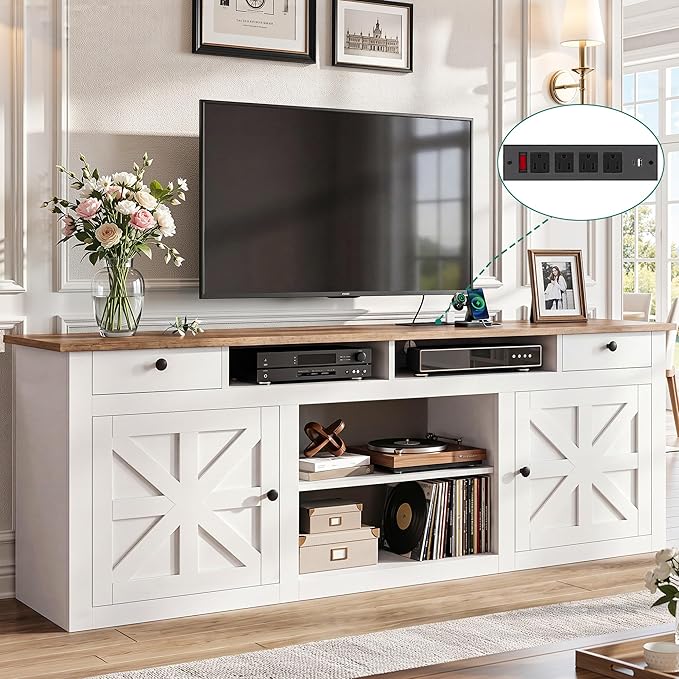 YITAHOME 70" Farmhouse TV Stand for 75/80 Inch TVs, Entertainment Center with Drawers, Adjustable Shelves & Built-in Power Outlet, Stable Anti-Tip TV Console Cabinet for Living Room, White+Walnut Top
