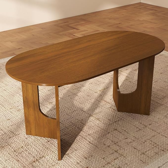 VESCASA 63" L Oval Dining Table with 47.25" L Benches Set, Walnut Wood Kitchen Table with Wooden Legs Bench, Kitchen Set for Dining Room, Restaurant, 1 Table with 2 Benches