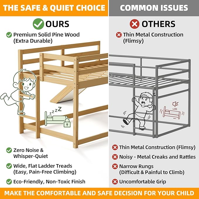 TOLEAD Low Bunk Bed with Slide, Floor Loft Bed with Climbing Ladder, Wood Twin Bunk Bed Frame with Full Guardrails & Storage Space for Kids Toddler