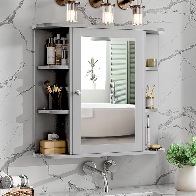 Bathroom Mirror Cabinet Wall Mounted, Medicine Cabinet with Mirror and 6 Open Shelves, Modern Bathroom Wall Cabinets Medicine Cabinets, Grey