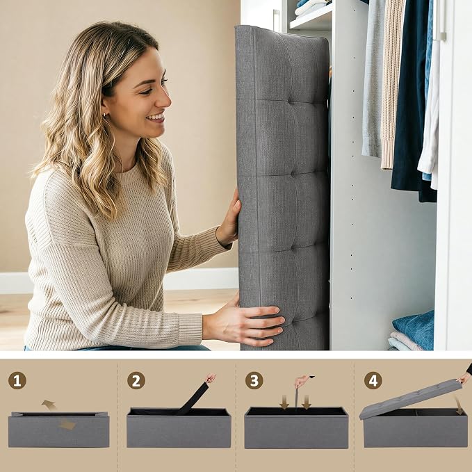 SUPER DEAL 43 Inches Folding Storage Ottoman Bench, Foot Rest with Divider Foam Padded Seat Large Storage Chest Long Box for Living Room Bedroom Entryway, 660 lbs Capacity, Light Grey