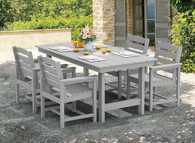 SERWALL 8-Piece Patio Dining Sets with 15FT Double Side Patio Umbrella, Outdoor HDPE Dining Furniture Set with Umbrella Hole Cut-Out Table and 6 Chairs, Light Gray（Umbreall Base not Included）