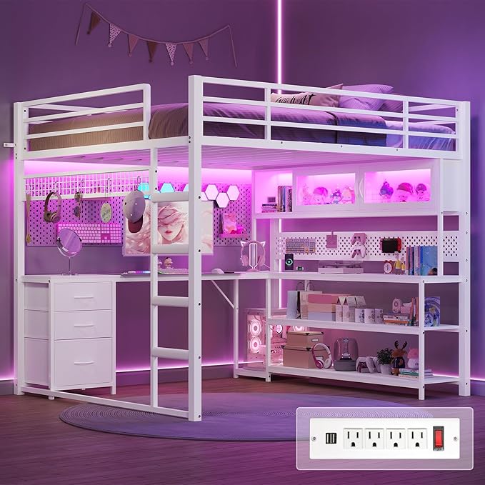 ADORNEVE Loft Bed Full Size with L-Shaped Gaming Desk, Arcylic RGB Hutch & Safety Charging Station, Metal Loft Bed with Storage Drawer, Safety Guardrail & Ladder, Space Saving for Teen Girls, White