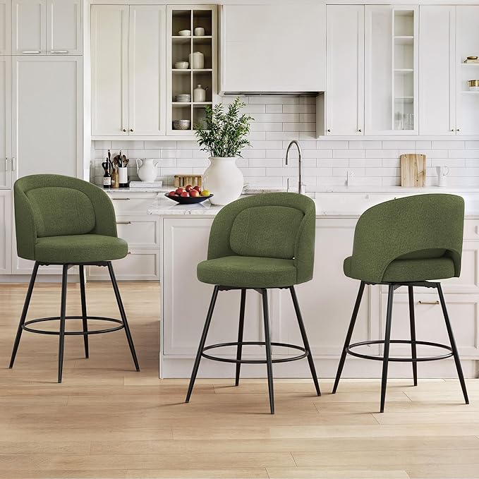 LUE BONA 26''H Swivel Bar Stools Set of 3, Counter Height Bar Stools with Backs, Lumbar Pillow and Black Metal Frames, Upholstered Modern Barstools for Kitchen Island, Chenille Farbic, Green
