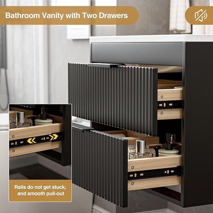 30 Inches Modern MDF Bathroom Vanity with Sink, Wall Mounted Floating Cabinets w/Double Drawers, Black Handles, White Resin Sink Combo Set (Black, 30")