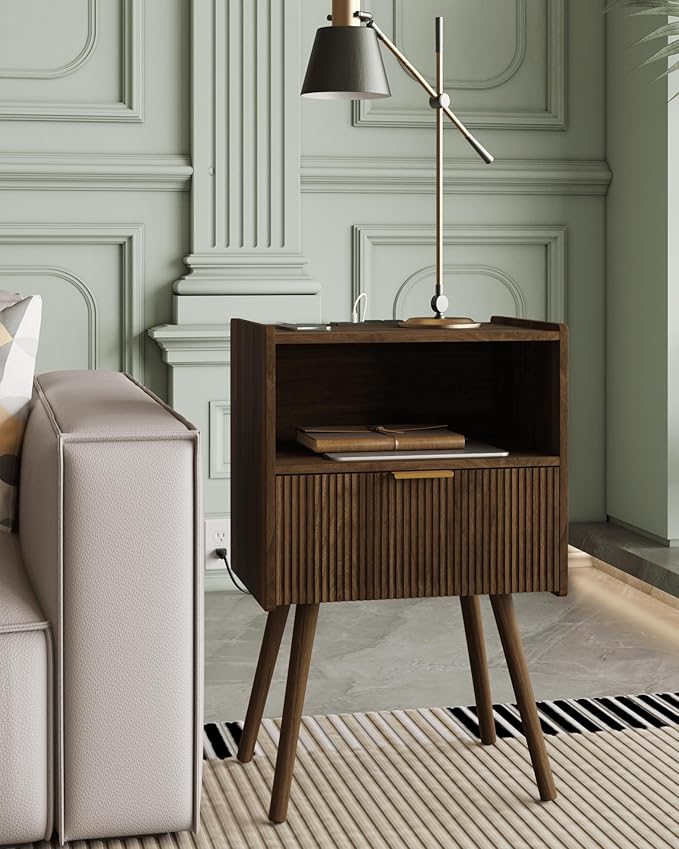 Veegle Nightstand,Modern Bedside Table with Storage Drawer and Open Wood Shelf, Accent Night Stand with Solid Wood Legs for Living Room, Bedroom and Small Spaces,Easy Assembly (Walnut Brown-Outlet)