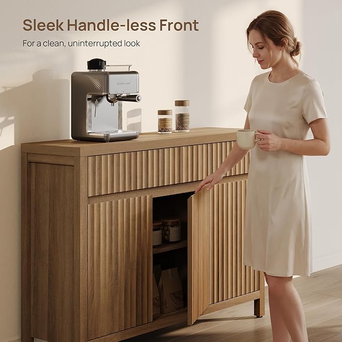 SICOTAS Fluted Sideboard Buffet Cabinet with Storage – 42" Credenza Accent Cabinet with 2 Drawers and 3 Doors, Modern Entryway Cabinet Console with Adjustable Shelves for Living Room, Kitchen