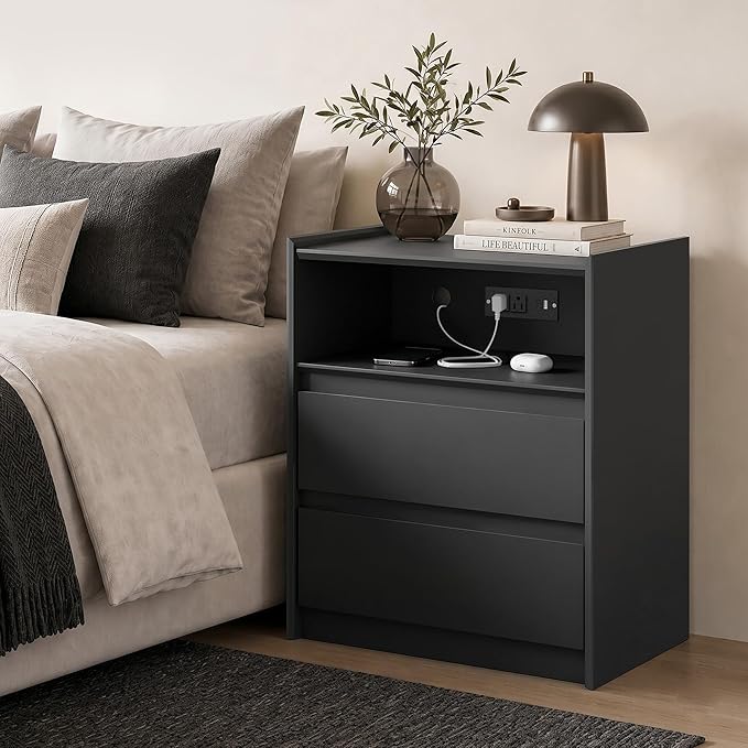 24" Tall Nightstand with Charging Station Including USB-C, Modern Bedside Table and Sofa End Table - Black, 2 Drawers, 1-Pack