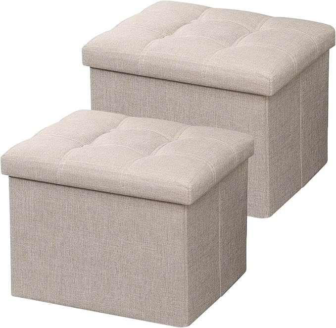 AmasSmile 2PC Ottoman Storage Footrest, 17 inch, Beige, Linen Fabric, Foldable, 43L Hidden Storage Space