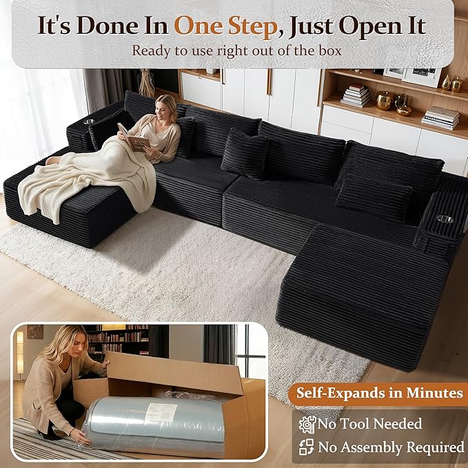37" Cloud Sectional Couch Ottoman for Living Room, Extra Deep Seats No Assembly, Minimalist Modular Couch, Corduroy (Black, Single Ottoman)