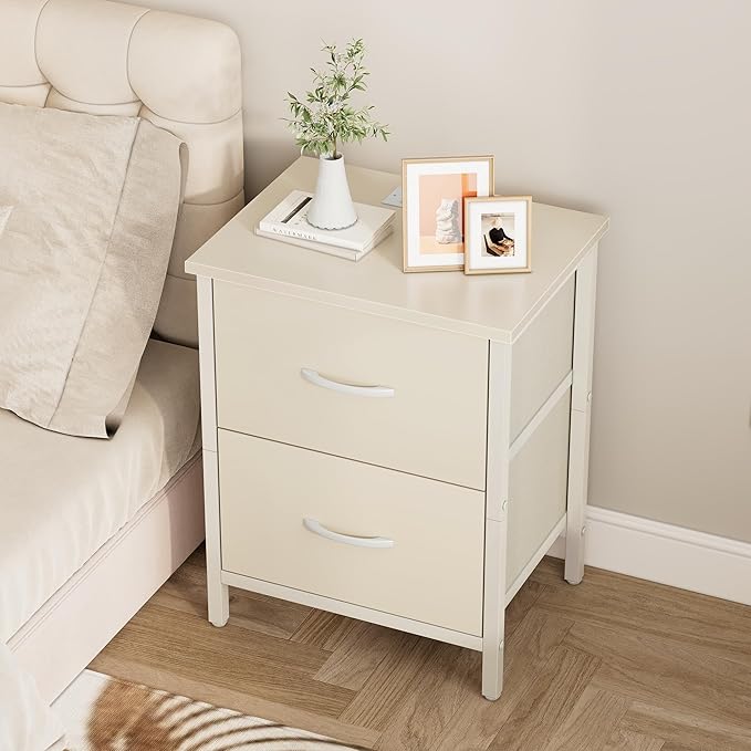 Vagusicc Nightstand Set of 2 with Charging Station, End Table Bedside Table with Power Outlet & USB Ports, Side Table with 2 Fabric Drawers for Bedroom, Living Room, Beige