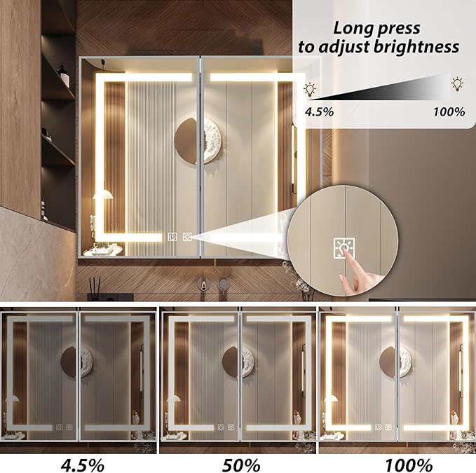 APRILSOUL 40x32 Inch Lighted Bathroom Medicine Cabinet with Mirror, Silver Recessed or Surface Mount Medicine Cabinet Mirror with Storage and LED Lights, 3 Colors Temperature, Dimmable Light