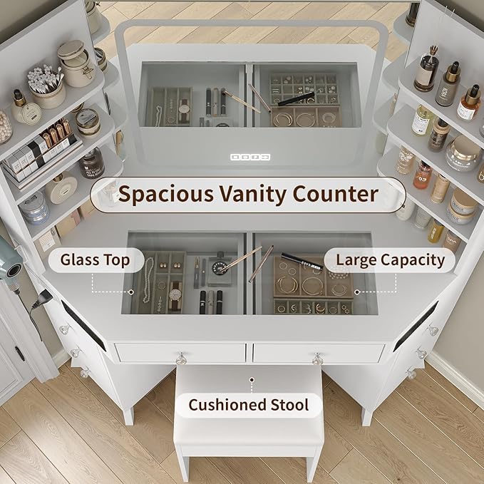 Yanosaku Corner Vanity Desk with Buil-in Speaker, 8 Drawers & 6 Shelves, Makeup Vanity with Glass Top, Modern Vanity with Mirror and Lights, 3 Color Lighting Modes, Dressing Table for Bedroom, White