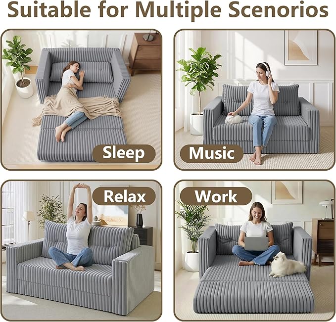 HABUTWAY 49.8" Loveseat Boneless Couch, 4-in-1 Convertible Sofa Bed, Plush Fur Folding Futon Sofa Bed Couches with a Pillow for Living Room, High-Density Foam Support, No Assembly Required, Light Grey