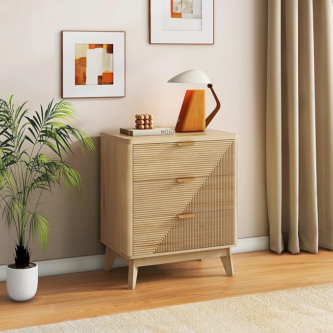 3 Drawer Fluted Nightstand for Bedroom, Modern Wood Night Stand with Curved Profile, Fluted Dresser & Wood Drawer Organizer for Bedroom and Hallway