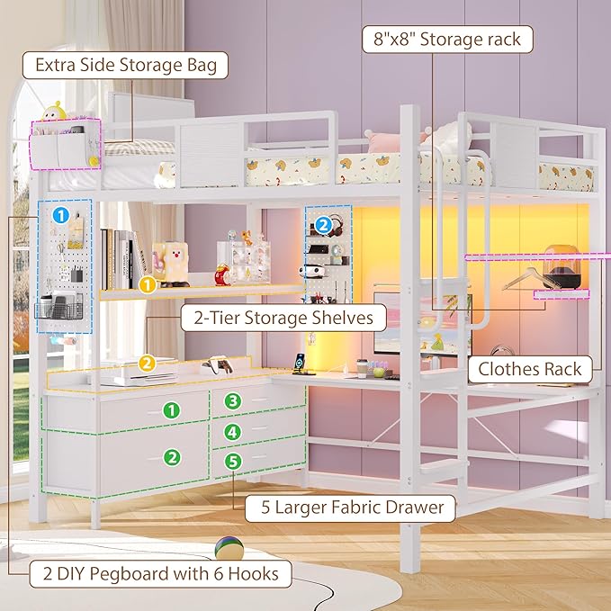 Dnxao Full Size Loft Bed with Desk and 5 Storage Drawers, Heavy Duty Metal Loft Bed with Charging Station, LED Lights & Pegboard, Space-Saving Workstation for Teens & Adults, White