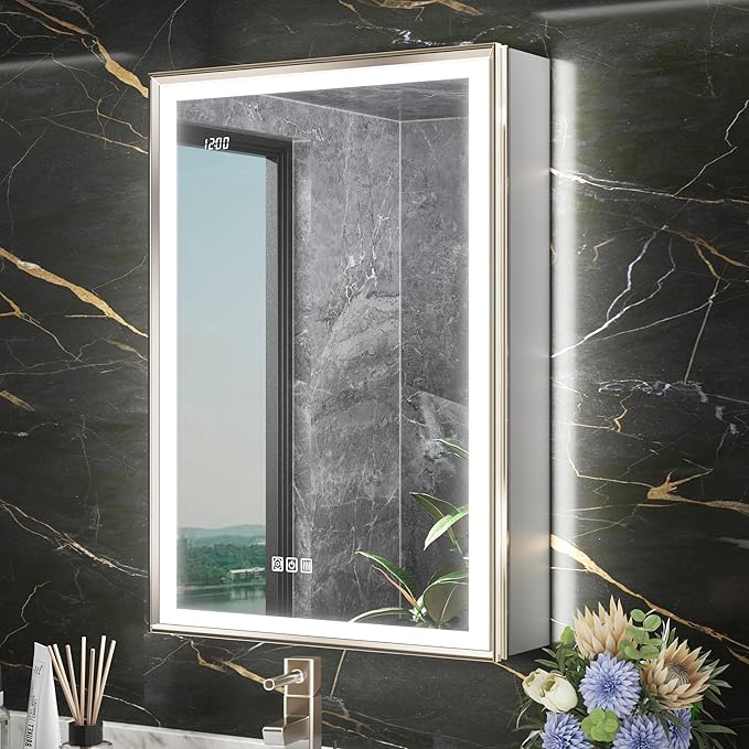 24x32 Lighted Medicine Cabinet with Mirror, Beveled Brushed Nickel Framed Surface or Recessed Fogless Dimmable LED Medicine Cabinet with Outlet, Time Display and Sensor Inner Light