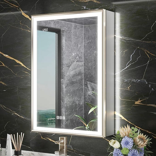 24x32 Lighted Medicine Cabinet with Mirror, Beveled Brushed Nickel Framed Surface or Recessed Fogless Dimmable LED Medicine Cabinet with Outlet, Time Display and Sensor Inner Light