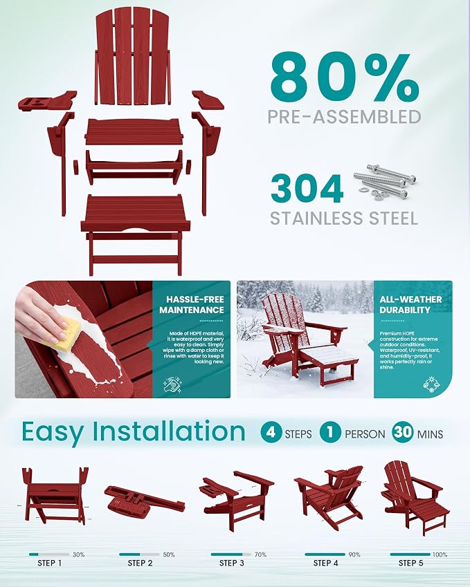 SERWALL Folding Adjustable Adirondack Chairs with Footrest Set of 2, HDPE Outdoor Chair with 4-in-1 Cup Holders, All Weather Adirondack Chair with Ottoman, Red