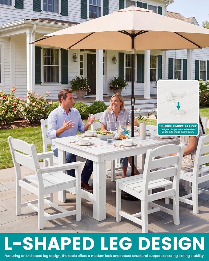 SERWALL Outdoor Dining Table Set, 67‘’ HDPE Patio Dining Set for 6, All-Weather Outdoor Table and Armless Chairs Set for Deck, White