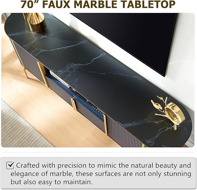 OKD 70" Fluted TV Stand with Storage, Faux Marble Top Entertainment Center for TVs Up to 80", Modern Curved Edge Media Console Cabinet for Living Room, Navy Blue