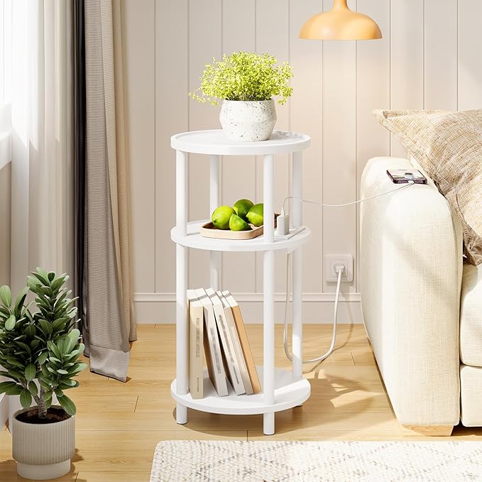 HOOBRO Small Round Side Table with Charging Station, 3-Tier Round Bamboo End Table, Compact Sofa Bedside Table for Small Space, Easy Assembly, for Living Room, Bedroom, Apartment, White WT152UBZ01