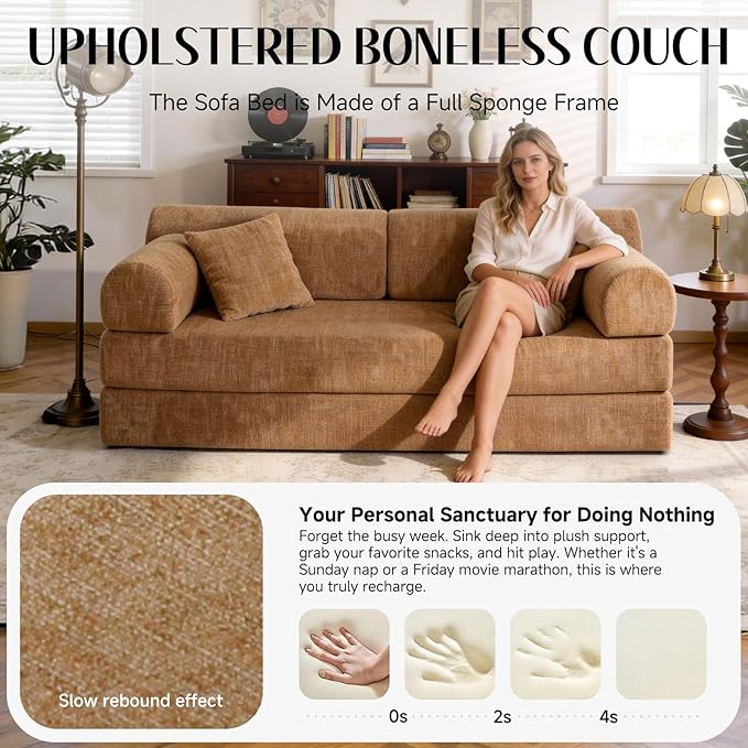 78.8" Convertible Sofa Bed with Removable Arm & 2 Pillows, 6-in-1 Corduroy Boneless Couch for Living Room, High-Density Sponge Sectional Couches, Sleeper Bed Loveseat, No Assembly, Ochre