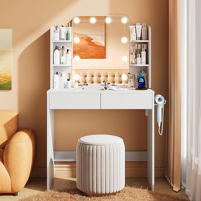 wanan Vanity Desk with Mirror and Lights 3 Colors, Girls Vanity Set with Power Outlet, Compact Vanity Table for Small Space, White Vanity Desk only