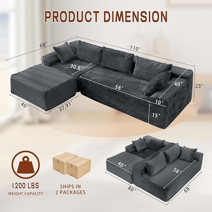 Korser 110" L-Shaped Modular Sectional Sofa with Chaise, Boneless Comfy Corduroy Fluffy Couch with Deep Seat and Side Pockets, Flexible Module Combination for Living Room, No Assembly, Side Pockets