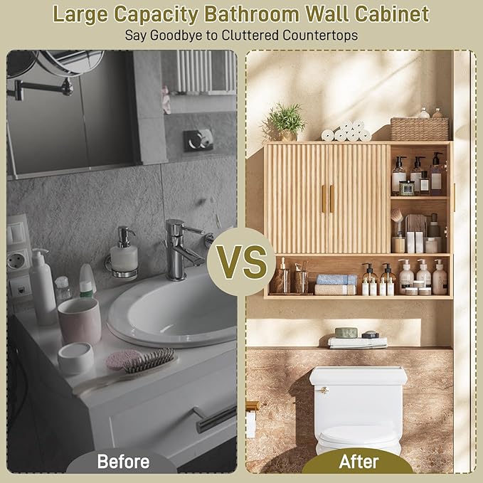 Vabches Bathroom Wall Cabinet, 3-Door Fluted Wooden Wall Cabinet with Open Shelf, Oak Color Wall Cabinet for Bathroom Storage for Bathroom, Kitchen, Laundry Room