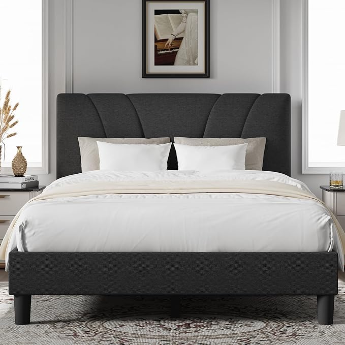 Novilla King Size Bed Frame with Adjustable Headboard Platform King Bed Frame Linen Fabric Upholstered Headboard, No Box Spring Needed, Noise-Free, Wooden Slats Support, Easy Assembly, Dark Grey