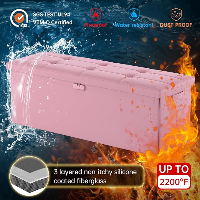 DocSafe Storage Ottoman Bench, Fireproof＆Waterproof Folding Bench with Lock(15”x 43”x15”), Leather Storage Chest with Handles＆2 Extra Boxes, Ottoman Safe for Bedroom,Living Room,Home Office, Pink