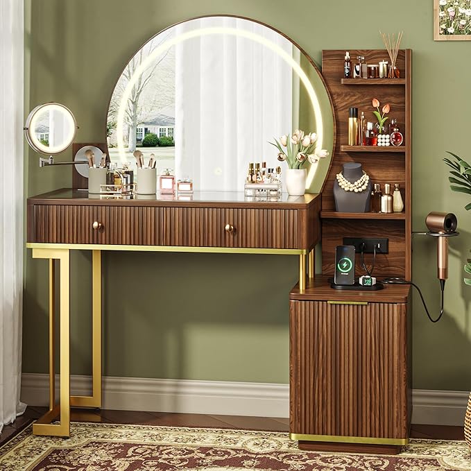Einhomn Vanity Desk w/5x Magnifying Mirror, Fluted Makeup Vanity w/Mirror and Lights, Glass Top Vanity, Dressing Table w/Power Outlet & Drawers, Adjustable Shelves for Bedroom, Women & Girls, Brown