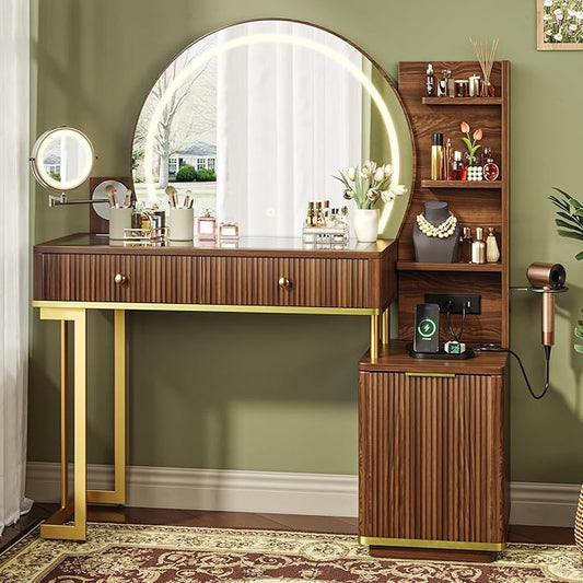 Einhomn Vanity Desk w/5x Magnifying Mirror, Fluted Makeup Vanity w/Mirror and Lights, Glass Top Vanity, Dressing Table w/Power Outlet & Drawers, Adjustable Shelves for Bedroom, Women & Girls, Brown