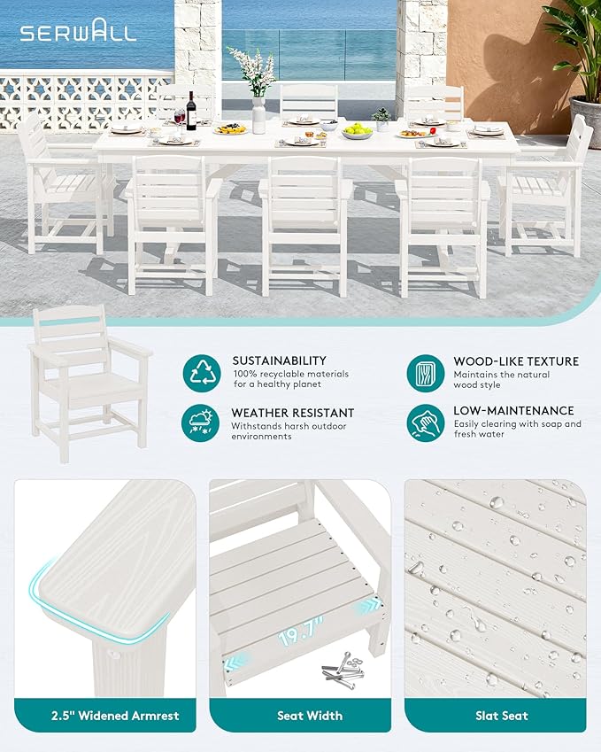 SERWALL Outdoor Dining Chairs Set of 4, All-Weather HDPE Patio Dining Chair with 19.7" Widened Seat, for Backyard, Garden, White