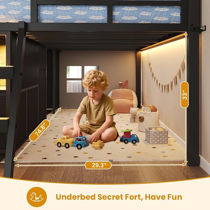 ADORNEVE Low Loft Bed Full Size with 7 Storage Drawers, Bookcase and LED Lights, Metal Kids Loft Bed with 14" H Safety Guardrail,Inclined Ladder and Play Curtain, Under-Bed Play Space, Black